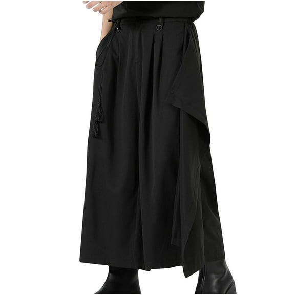 SSAAVKUY Men's Fashion Wide Leg Culottes Pants, Baggy Casual Elastic Waist Loose Streetwear Pants with Pockets Black 16