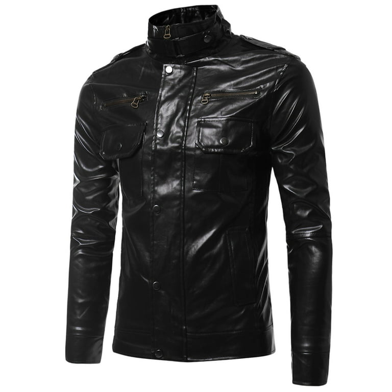 SSAAVKUY Men s Faux Leather Jacket Stand Collar Button Up Motorcycle Jacket Long Sleeve Slim Fit PU Leather Coat Black 12