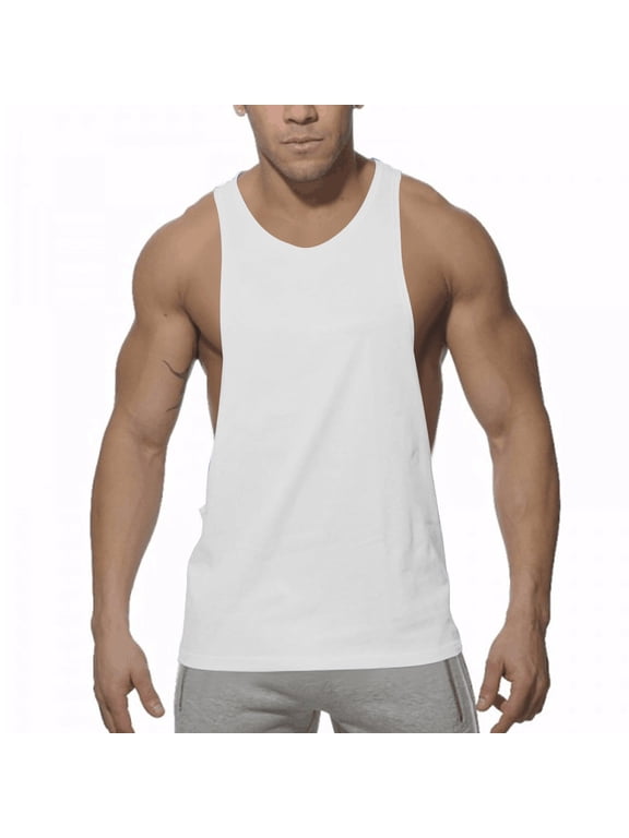 Men's Gym Bodybuilding Stringer Tank Top Quick Dry Cotton Workout Muscle Cut Shirt Fitness Sleeveless Vest White XL