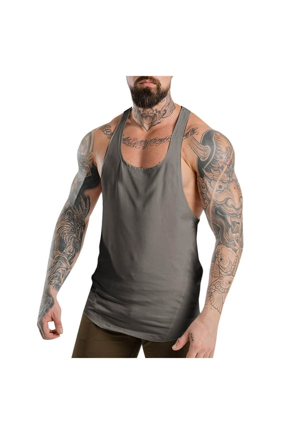 Men's Gym Bodybuilding Stringer Tank Top Workout Muscle Cut Shirt Quick Dry Solid Fitness Sleeveless Vest Gray M