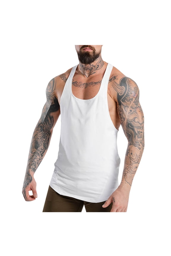 Men's Gym Bodybuilding Stringer Tank Top Workout Muscle Cut Shirt Quick Dry Solid Fitness Sleeveless Vest White XXXL