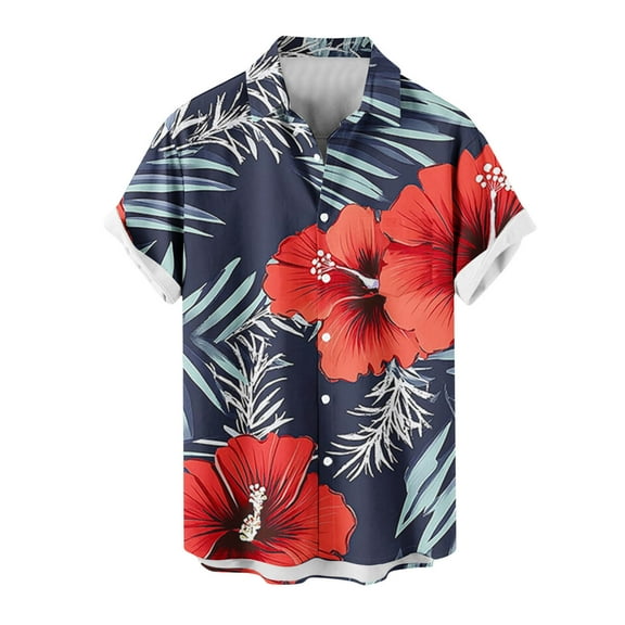 SSAAVKUY Men's Hawaiian Shirt Short Sleeves Floral Printed Button Down Shirts Summer Beach Dress Shirts Bowling Aloha Shirts Tops Dark Blue L
