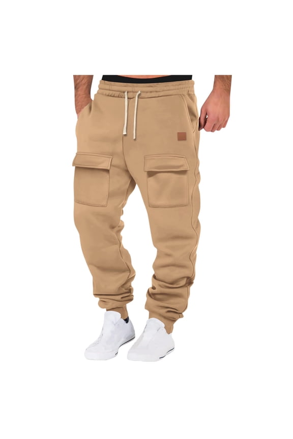 Men's Heavyweight Fleece Cargo Sweatpants Baggy Sweat Pants with Pockets Elastic Waist Drawstring Joggers Trousers Khaki 3XL
