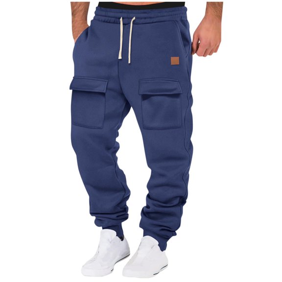 SSAAVKUY Men's Heavyweight Fleece Cargo Sweatpants Baggy Sweat Pants with Pockets Elastic Waist Drawstring Joggers Trousers Navy 3XL