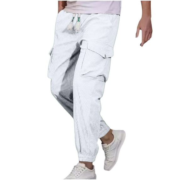 SSAAVKUY Men's Joggers Pants Casual Baggy Cotton Drawstring Tapered Sweatpants Casual Sports Cargo Loose Fit Trousers with Multi-Pocket White 10
