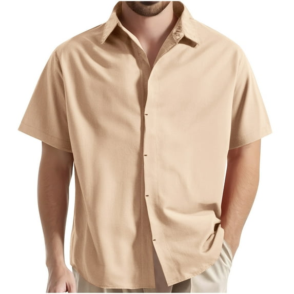SSAAVKUY Men's Linen Shirts Short Sleeve Button Down Casual Shirt Business Dress Clothing Beach Fashion Summer Tops Beige XXL
