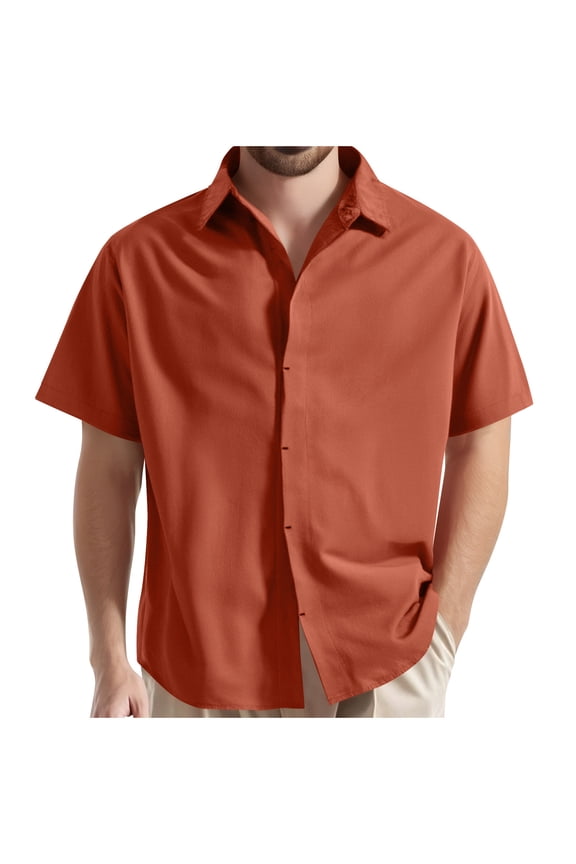 Men's Linen Shirts Short Sleeve Button Down Casual Shirt Business Dress Clothing Beach Fashion Summer Tops Brown L