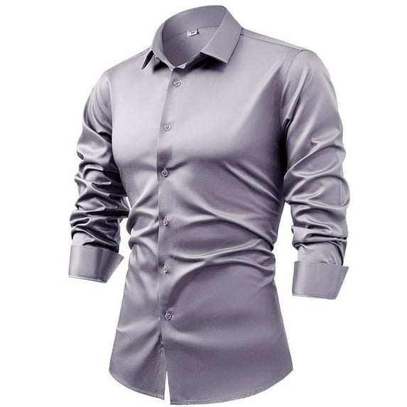 SSAAVKUY Men's Long Sleeve Button Up Shirts Solid Slim Fit Casual Business Formal Dress Shirt Lapel Neck Office Work Tops Dark Gray 8