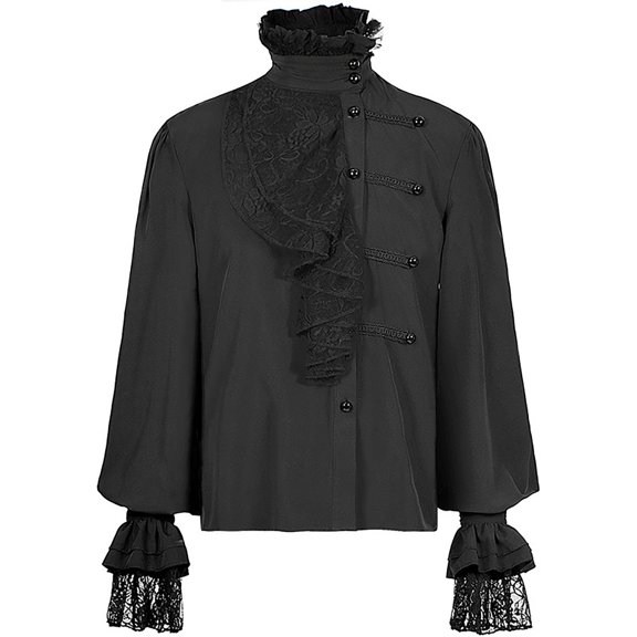 SSAAVKUY Men's Medieval Renaissance Cosplay Costume Steampunk Victorian Tops Ruffled Blouse Shirt Vintage Long Sleeve Corset Top Mens Ruffle Pirate Shirts Black 4