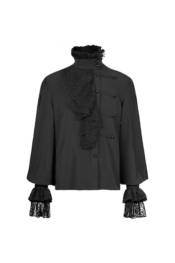 Men's Medieval Renaissance Cosplay Costume Steampunk Victorian Tops Ruffled Blouse Shirt Vintage Long Sleeve Corset Top Mens Ruffle Pirate Shirts Black 4
