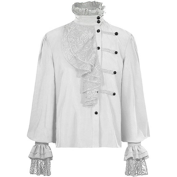 SSAAVKUY Men's Medieval Renaissance Cosplay Costume Steampunk Victorian Tops Ruffled Blouse Shirt Vintage Long Sleeve Corset Top Mens Ruffle Pirate Shirts White 6