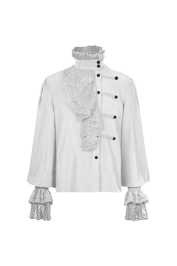 Men's Medieval Renaissance Cosplay Costume Steampunk Victorian Tops Ruffled Blouse Shirt Vintage Long Sleeve Corset Top Mens Ruffle Pirate Shirts White 4