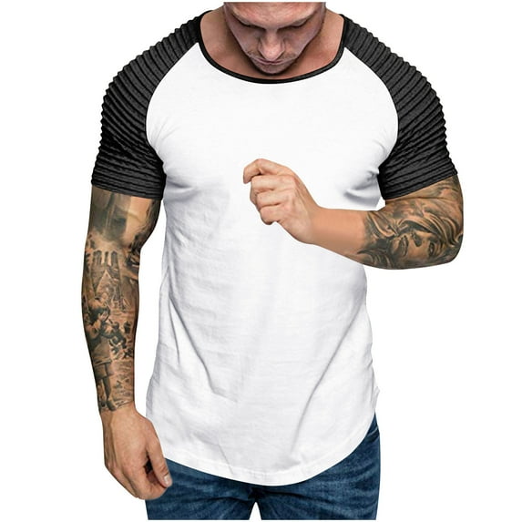 SSAAVKUY Men's Muscle T-Shirt Pleated Raglan Sleeve Bodybuilding Gym Tee Short Sleeve Fashion Workout Shirts Hipster Shirt Black M