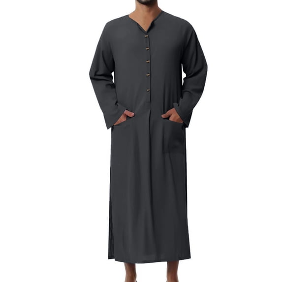 SSAAVKUY Men's Nightshirt Cotton Sleep Shirt Side Split Long Gown with Pockets Long Maxi Kaftan Thobe Robe Shirt Dress Gray 18
