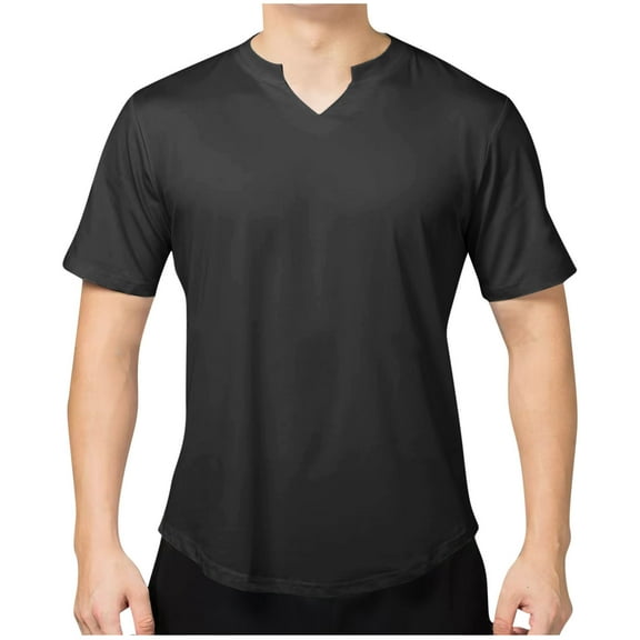 SSAAVKUY Men's Notch T-Shirt, Soft Cotton Short Sleeve Slim Fit Basic Split V Neck T Shirts for Men Fitness Sports Tees Black M