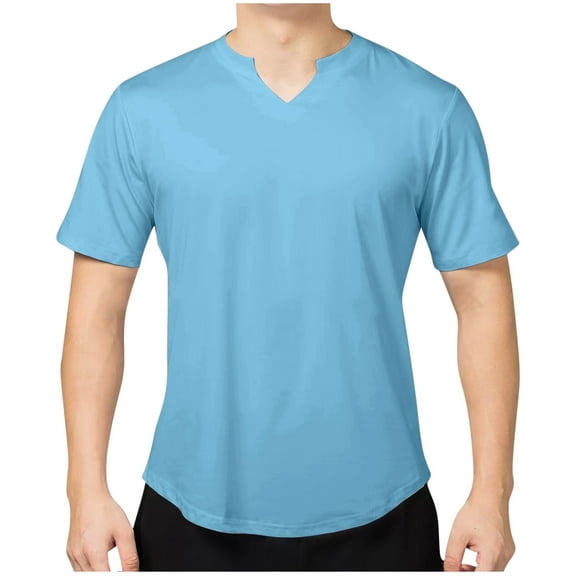 SSAAVKUY Men's Notch T-Shirt, Soft Cotton Short Sleeve Slim Fit Basic Split V Neck T Shirts for Men Fitness Sports Tees Light Blue L