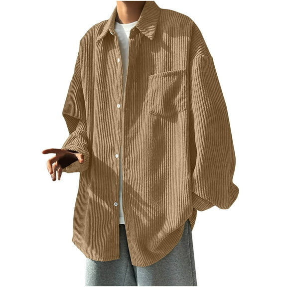 SSAAVKUY Men's Oversized Corduroy Button Down Shirts Loose Long Sleeve Lapel Collared Casual Cardigan Tops Solid Long Shirts with Pocket Coffee 8