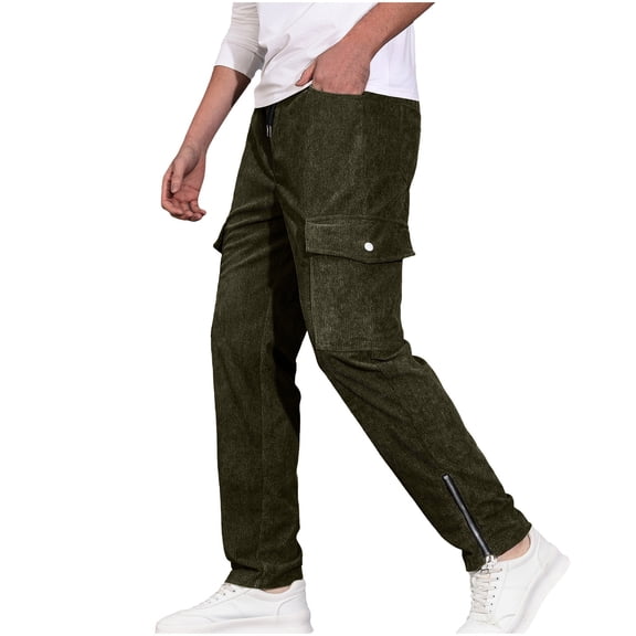 SSAAVKUY Men's Plush-Lined Slim Pants Y2K Zipper Split Hem Hip Hop Drawstring Long Trouser Casual Sports Street Pants Army Green 4