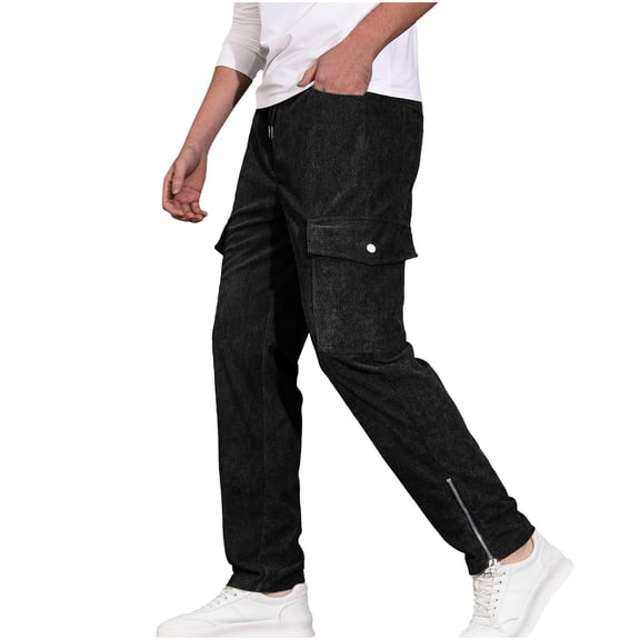 SSAAVKUY Men's Plush-Lined Slim Pants Y2K Zipper Split Hem Hip Hop Drawstring Long Trouser Casual Sports Street Pants Black 12