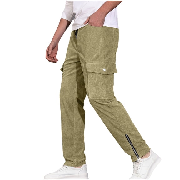 SSAAVKUY Men's Plush-Lined Slim Pants Y2K Zipper Split Hem Hip Hop Drawstring Long Trouser Casual Sports Street Pants Khaki 4