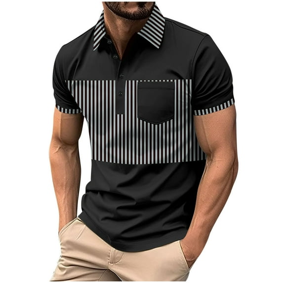 SSAAVKUY Men's Polo Shirts Short Sleeve 2025 Casual Polo T-Shirts Color Block Slim Fit Golf Polo Shirt with Pocket Black S