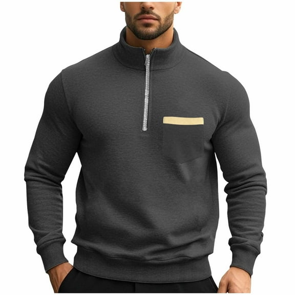 SSAAVKUY Men's Quilted Sweatshirt Casual Long Sleeve Outdoor Padded Standing Collar Quarter Zipper Pullover Sweatshirt Dark Gray 4