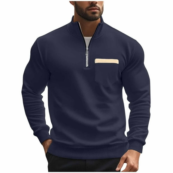SSAAVKUY Men's Quilted Sweatshirt Casual Long Sleeve Outdoor Padded Standing Collar Quarter Zipper Pullover Sweatshirt Navy 12
