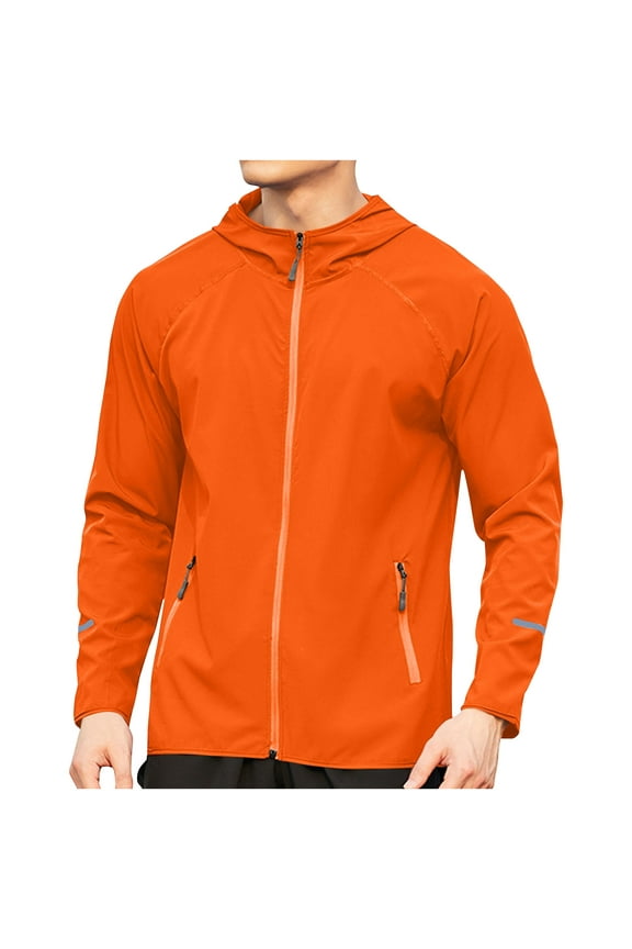 Men's Running Jacket Lightweight Water Resistant Windbreaker Hooded Zip Up Activewear Workout Training Athletic Sports Coat Orange 10