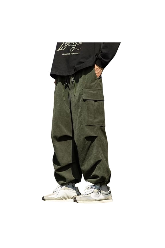 Men's Straight Leg Corduroy Cargo Pants, Thick Fleece Casual Elastic Waist Loose Vintage Outdoor Work Pants with Pockets Army Green 12