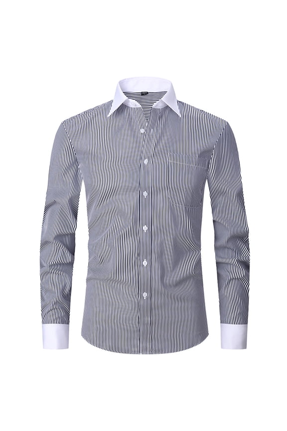 Men's Striped Long Sleeve Business Button Down Dress Shirts Slim Fit French Cuff French Placket Checkered Office Work Formal Shirt Black 4