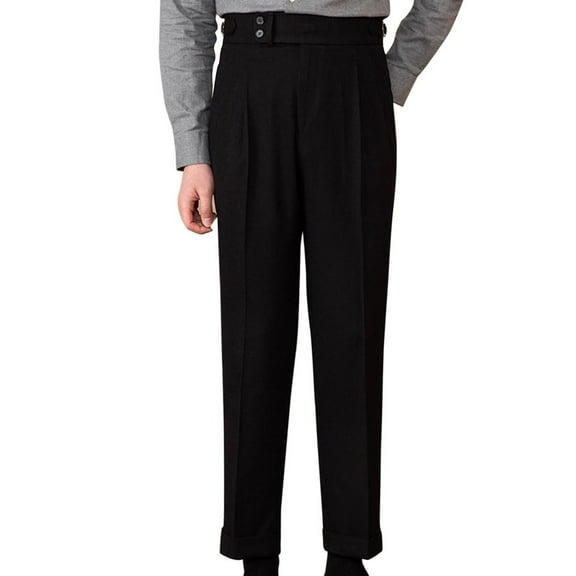 SSAAVKUY Men's Suit Tweed Pants Vintage Trousers Herringbone Wool Pleat-Front Dress Suit Pants Flat Front Linen Blend Dress Pant Black 6