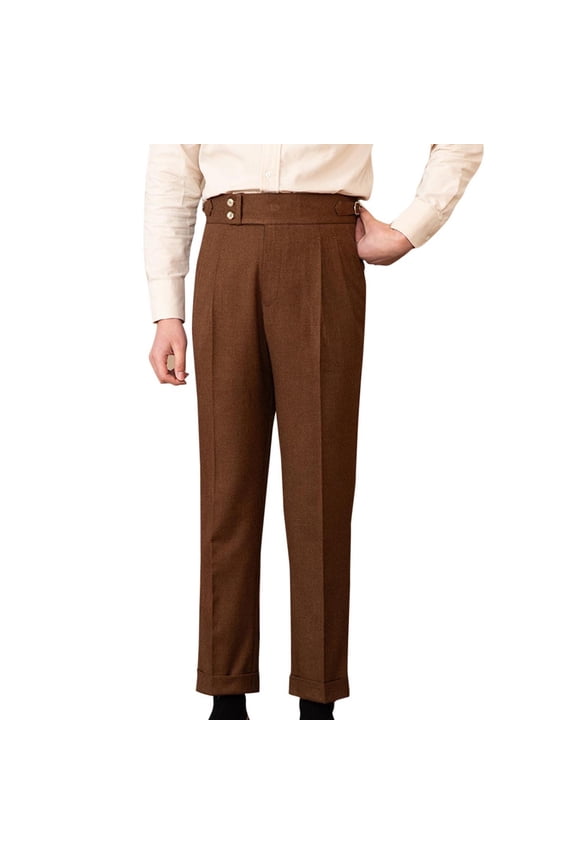 Men's Suit Tweed Pants Vintage Trousers Herringbone Wool Pleat-Front Dress Suit Pants Flat Front Linen Blend Dress Pant Brown 6