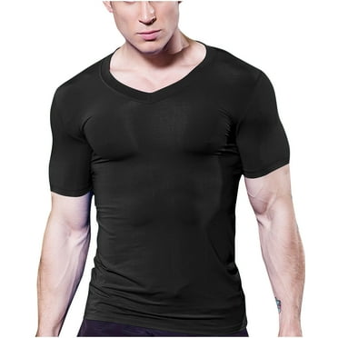 SSAAVKUY Men's Undershirts Soft V Neck Short Sleeves T-Shirts Classic Tees for Men Slim Fit Sweat Shirts Solid Color Tops Black XXL