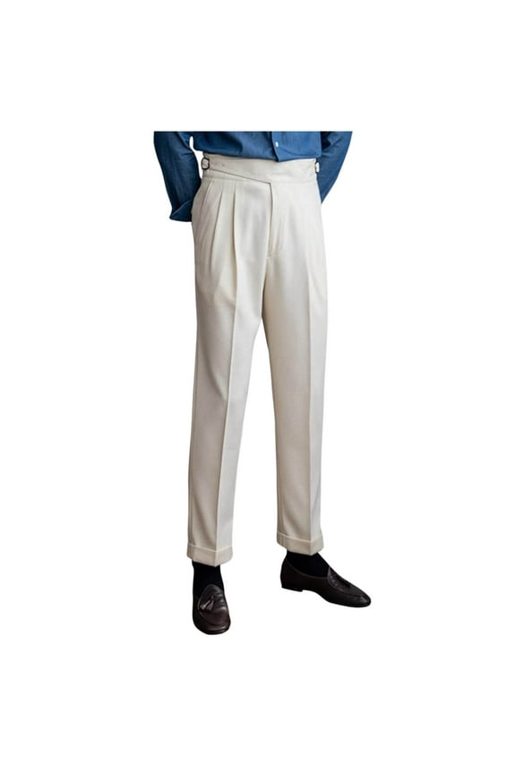 Men's Winter Retro Woolen Trendy Pant Straight Flat Front Chino High Waist Tapered Leg Rolled Pants Regular Fit Straight Suit Pants Beige 6