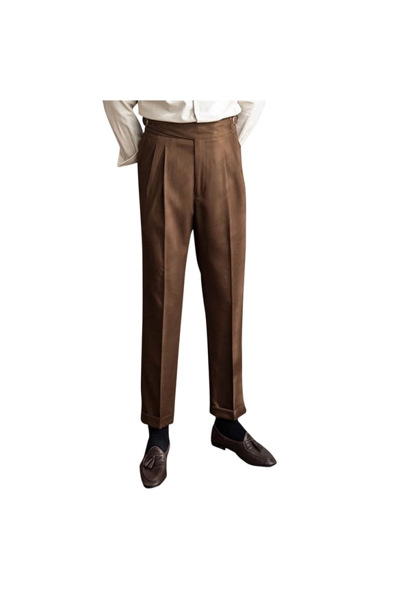 Men's Winter Retro Woolen Trendy Pant Straight Flat Front Chino High Waist Tapered Leg Rolled Pants Regular Fit Straight Suit Pants Coffee 4