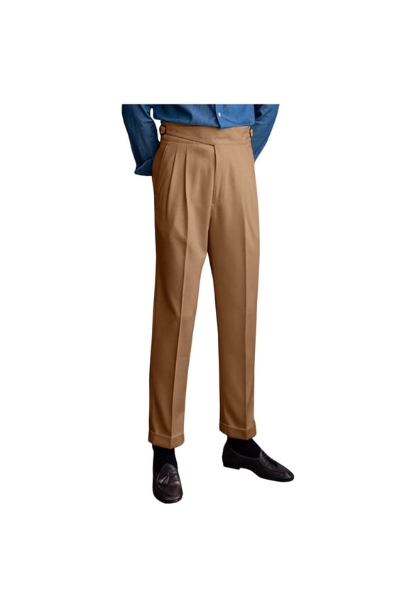 Men's Winter Retro Woolen Trendy Pant Straight Flat Front Chino High Waist Tapered Leg Rolled Pants Regular Fit Straight Suit Pants Khaki 4