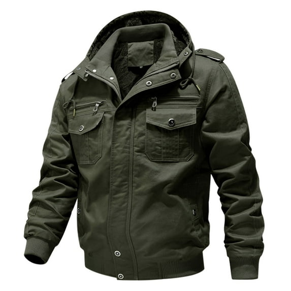 SSAAVKUY Men's Winter Warm Fleece Lined Jacket Outdoor Hooded Bomber Jacket Thick Cotton Military Flight Jacket Green 10
