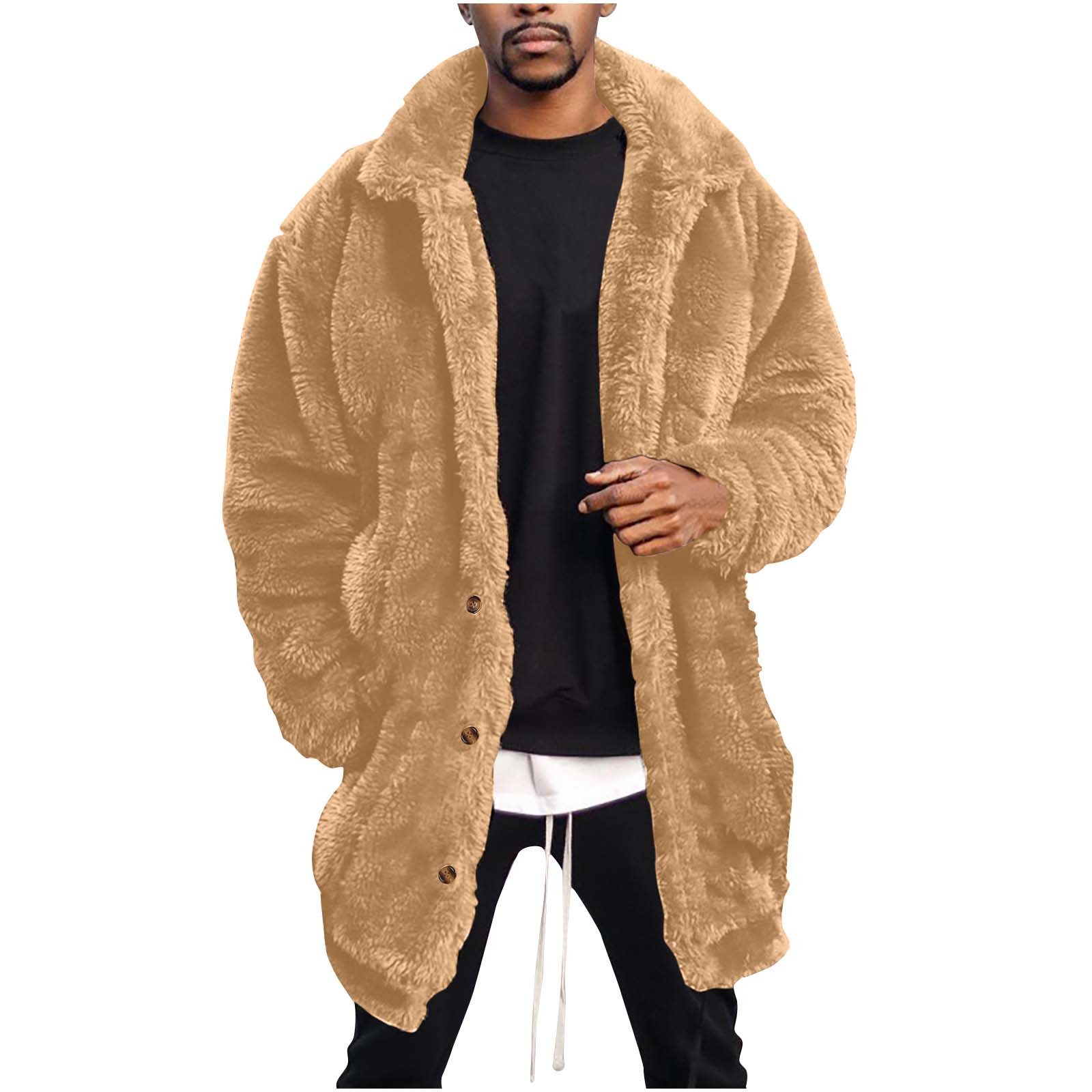 SSAAVKUY Men s Winter Warm Teddy Coat Fluffy Oversized Solid Color Plush Long Sleeve Outwear Lapel Button Up Faux Fur Jacket Streetwear Overcoat Khaki 4 Walmart