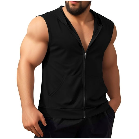 SSAAVKUY Men's Workout Hooded Tank Tops Zip Up Bodybuilding Fitness Muscle T Shirt Sleeveless Gym Hoodie Black 8