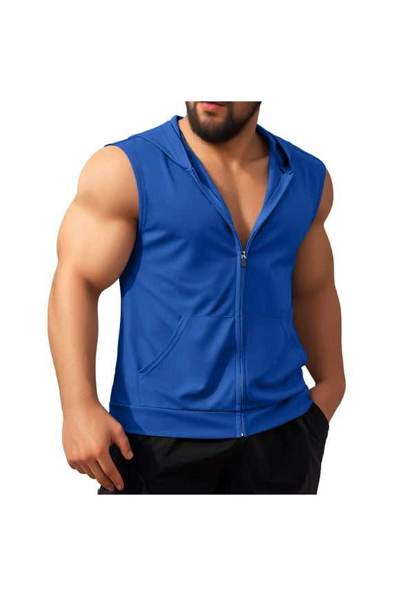Men's Workout Hooded Tank Tops Zip Up Bodybuilding Fitness Muscle T Shirt Sleeveless Gym Hoodie Blue 8
