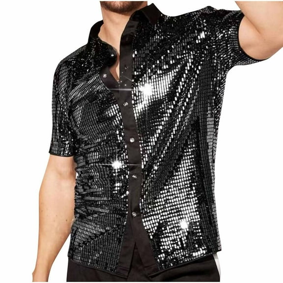 SSAAVKUY Mens Button Down Disco Shirt Outfit Men Retro 70s Shirts for Men Sequin Metallic Short Sleeve Lapel Disco Outfits Party Costume Top Black L