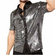 SSAAVKUY Mens Button Down Disco Shirt Outfit Men Retro 70s Shirts for Men Sequin Metallic Short Sleeve Lapel Disco Outfits Party Costume Top Silver S