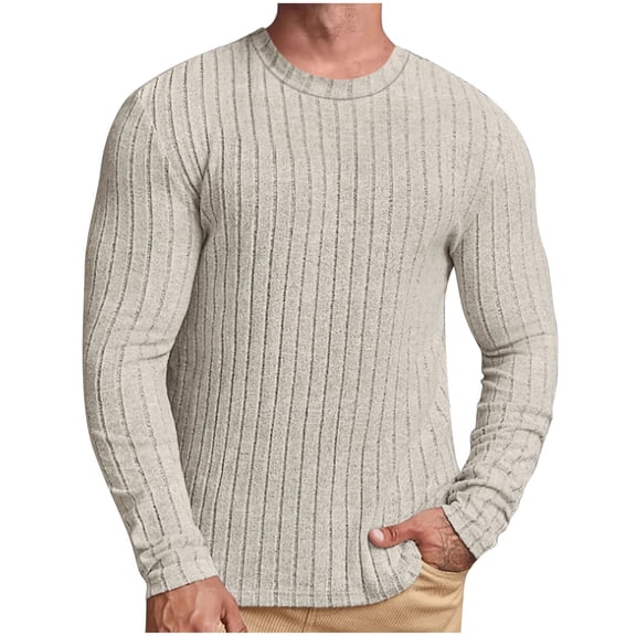 SSAAVKUY Mens Casual Long Sleeve Lightweight T-Shirt Slim Fit Knit Crew Neck Stretch Ribbed Undershirts for Men Khaki 6