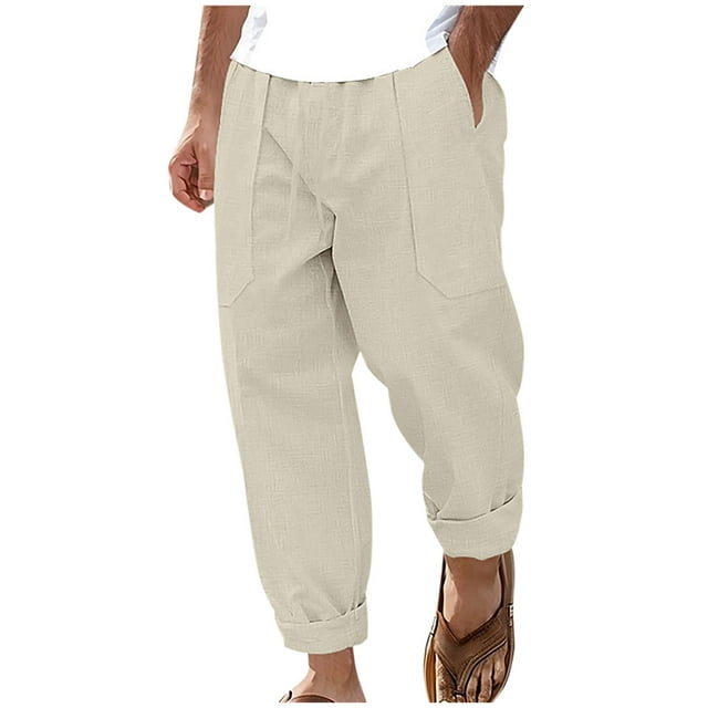 SSAAVKUY Mens Cotton Linen Drawstring Pants Elastic Waist Linen Jogger Long Bottoms with Pockets Loose Casual Loungewear Pants Beige 8