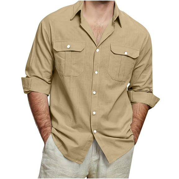 SSAAVKUY Mens Cotton Linen Shirts Long Sleeve Button Down Cuban Casual Summer Beach Shirt Lapel Neck Tops with Pocket Khaki XXXXXL