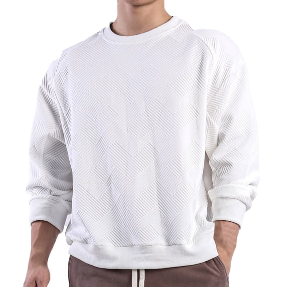 SSAAVKUY Mens Crewneck Sweatshirt Solid Color Geometric Texture Pullover Tops Loose Casual Long Sleeve Blouse Tops White 8