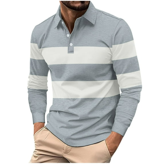 SSAAVKUY Mens Fashion Long Sleeve Polo Shirts Casua Golf Shirts Color Block Cotton Top Turndown Collar Striped T-Shirts Gray 6
