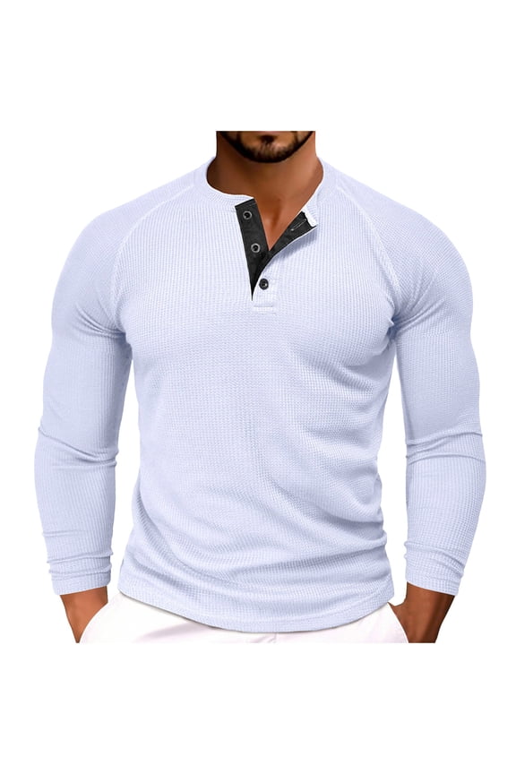 Mens Henley Shirts Long Sleeves Waffle Texture Button Tee Tops Casual Lightweight Pullover Shirt Slim Quarter Zip Pullover Comfort Soft T Shirts White XL