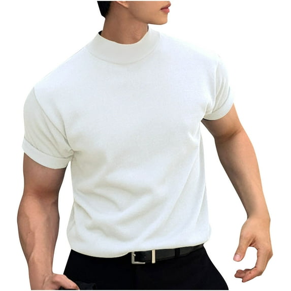 SSAAVKUY Mens Loose Short Sleeve Turtleneck T-Shirts Mock Neck Casual Pullover T-Shirt Solid Color Fashion Undershirt White 10