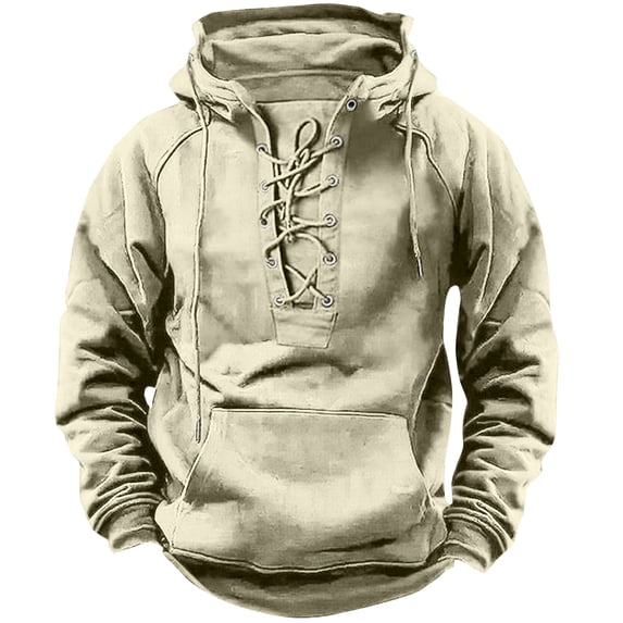 SSAAVKUY Mens Tactical Sweatshirts Lace Up Aztec Hooded Pullover Long Sleeve Cargo Workout Outdoor Hoodies with Pocket Beige 4